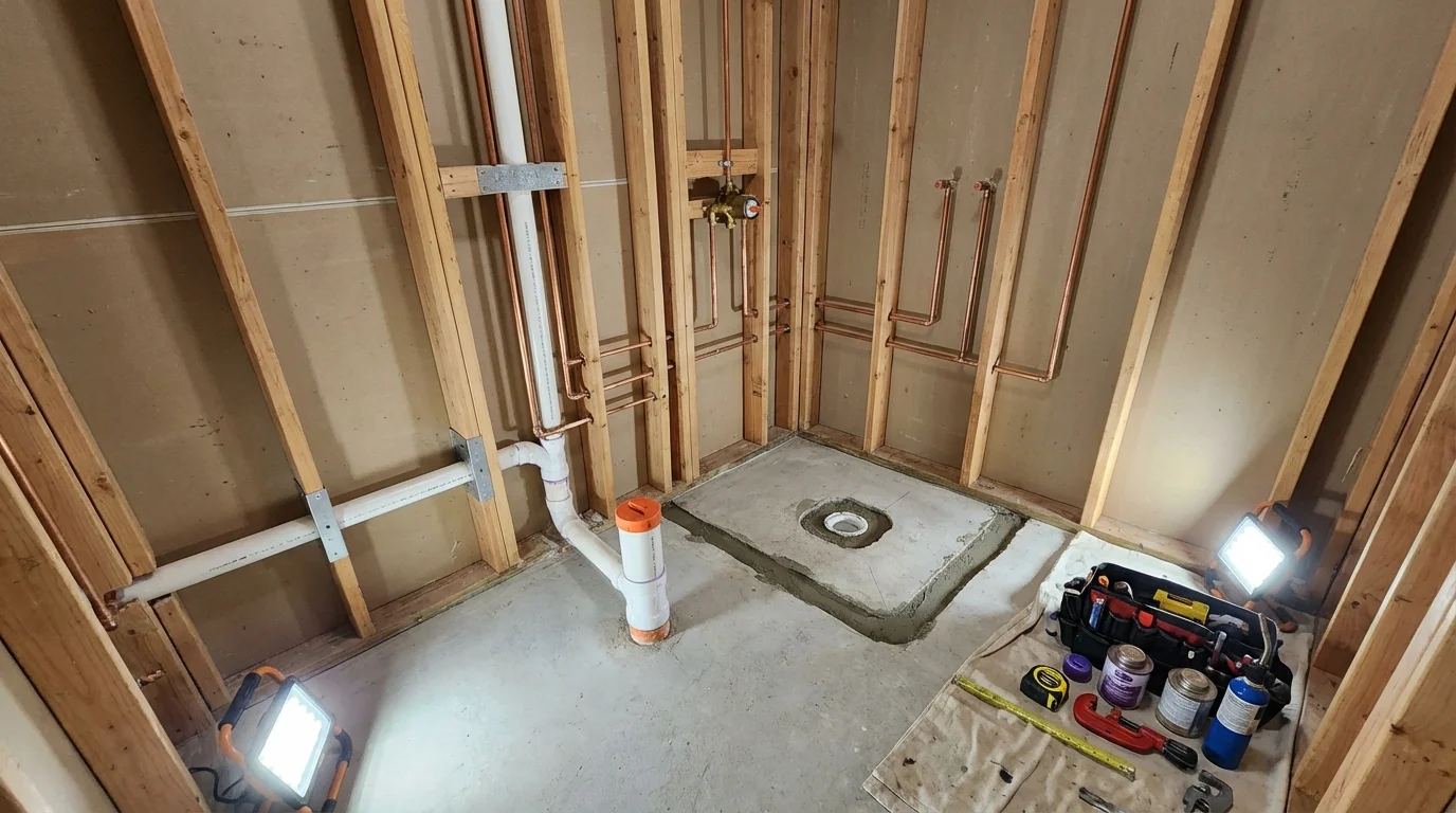 Bathroom rough-in plumbing during remodel by Johns Plumbing LLC in Tipton