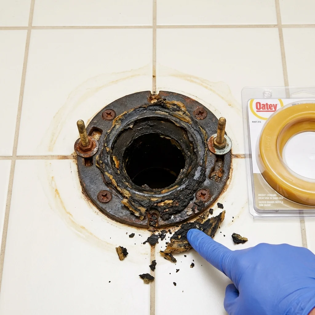 Failed wax ring showing water seepage at the base of a toilet in a Tipton, IA home
