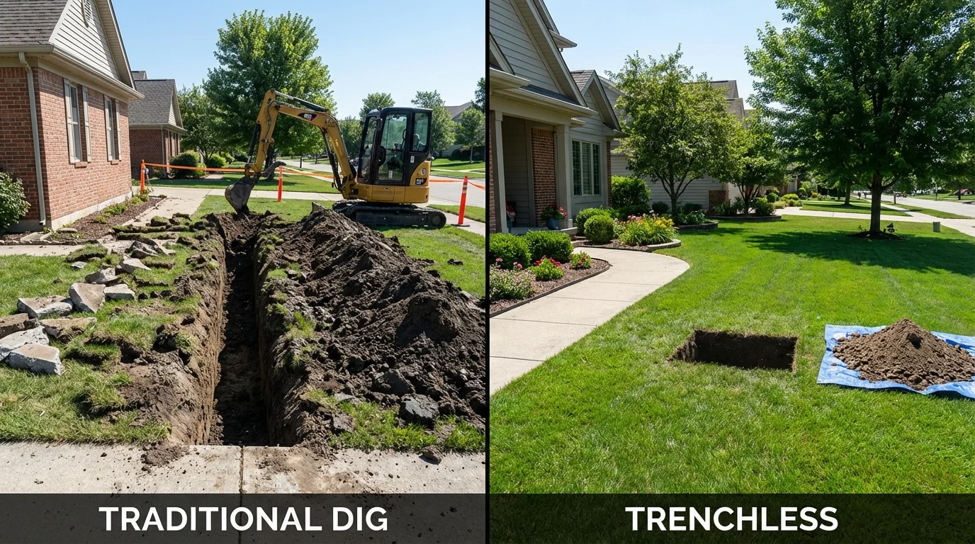 Trenchless sewer repair with minimal yard damage versus traditional excavation in Tipton, IA
