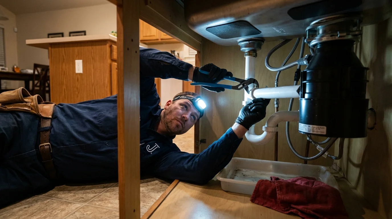 P-trap and supply line connections under a kitchen sink showing a common leak point in Tipton, IA